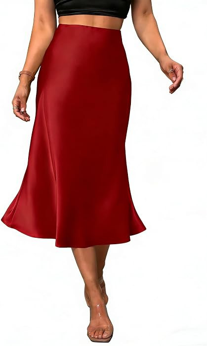 Women's Satin Midi Skirt Elegant Fishtail Silk A Line Work Casual Skirts | Amazon (US)