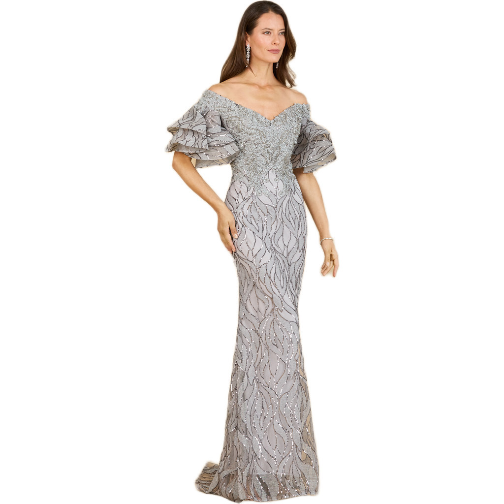 LARA New York Off Shoulder Mermaid Beaded Gown with Tiered Sleeves in Grey at Nordstrom, Size 10 | Nordstrom