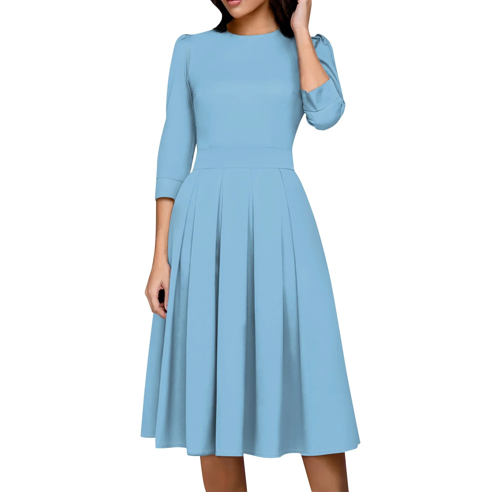LISTHA Vintage Midi Dresses for Women Modest 3/4 Sleeve Crew Neck Wrap Dress A Line Pleated Weddi... | Walmart (US)