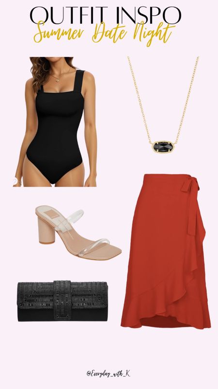 Summer Date Night Outfit Inspo: Wrap Skirt, Bodysuit, block heels, Kendra Scott pendant, clutch 

#LTKSeasonal #LTKstyletip #LTKFind