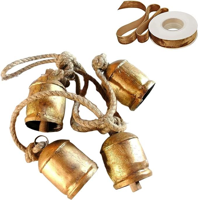 Christmas Shabby Chic Vintage Style Rustic Gold Brass Hanging Giant Cow Bells for Decoration, Giv... | Amazon (US)