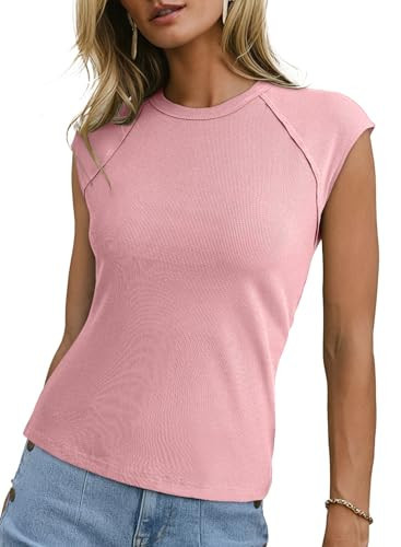 Sidefeel Shirts for Women Casual Crewneck Cap Sleeve Tops Ribbed Raw Hem Slim Fit Shirts Summer Basic T Shirts Pink M | Amazon (US)