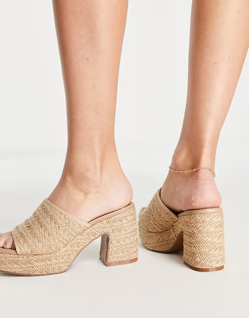 ASOS DESIGN Wide Fit Harmony mid heeled platform mules in natural   | ASOS | ASOS (Global)