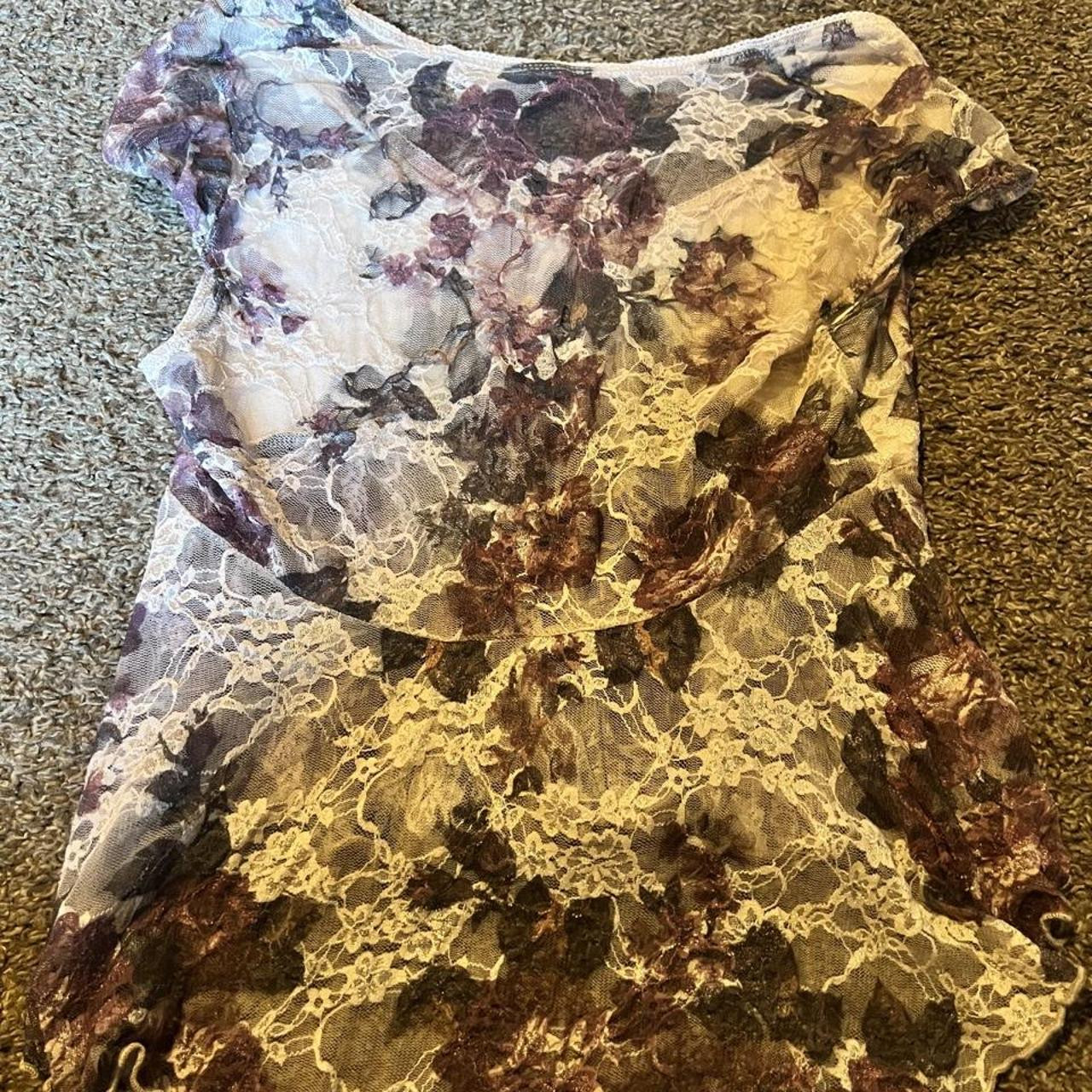 Brown and beige floral lace blouse with ruffled hem... | Depop | Depop US