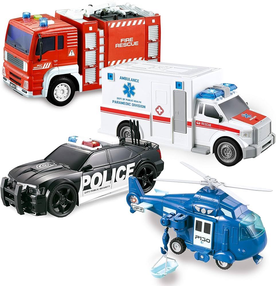 JOYIN 4 Packs Emergency Vehicle Toy Playsets, Friction Powered Vehicles with Light and Sound, Inc... | Amazon (US)