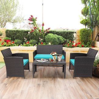Costway 4PCS Patio Rattan Furniture Set Cushioned Chair Sofa Coffee Table White/Navy/Turquoise/Re... | Target