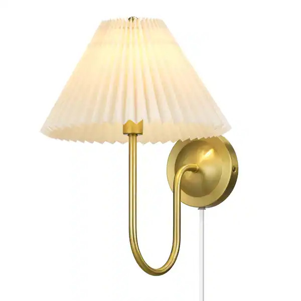 Novogratz x Globe 1-Light Matte Brass Plug-In or Hardwire Wall Sconce with Off-White Pleated Fabr... | Bed Bath & Beyond