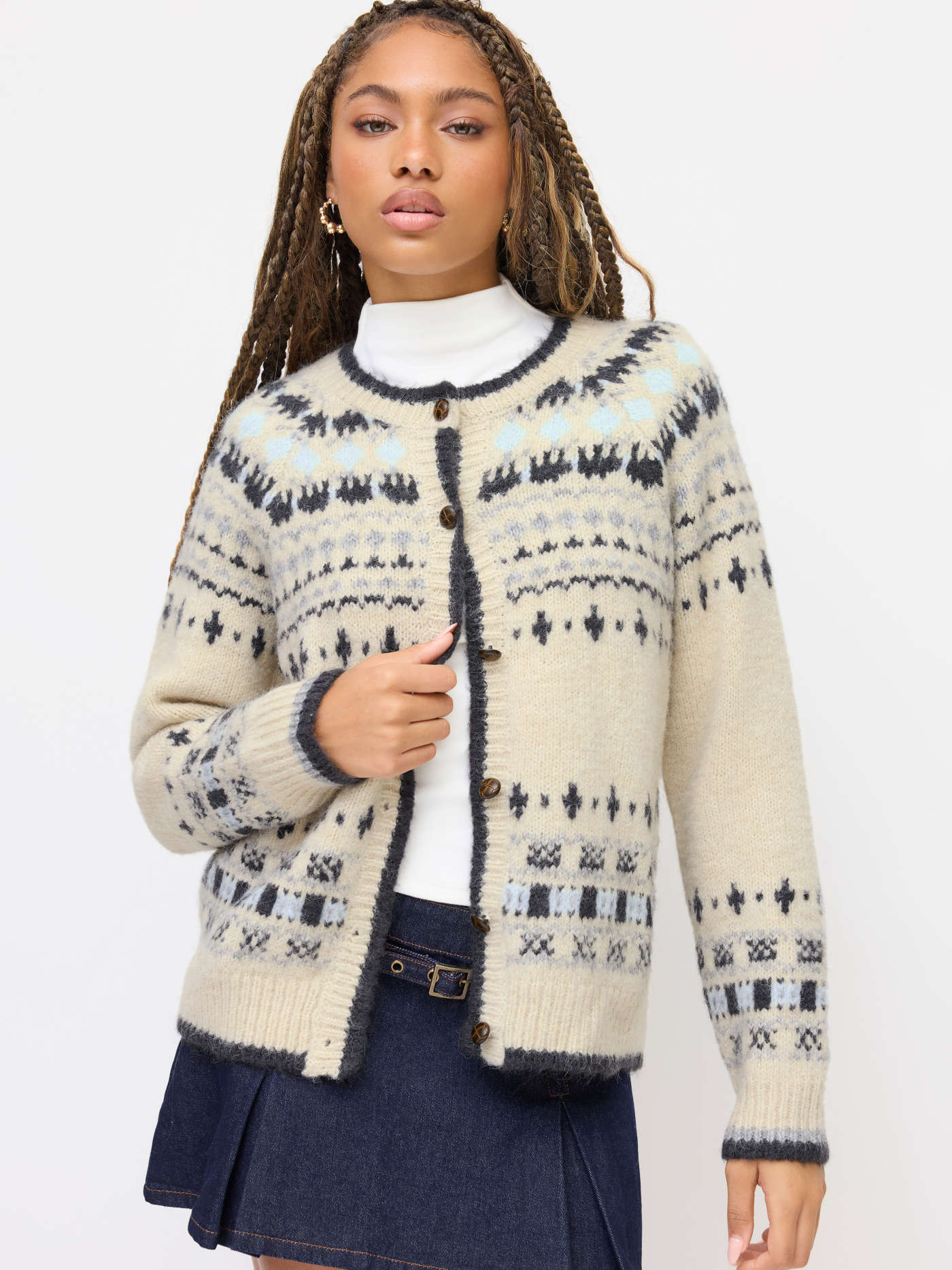 Knit Fabric Knit Round Neckline Aztec Contrasting Binding Cardigan For Daily Casual | Cider
