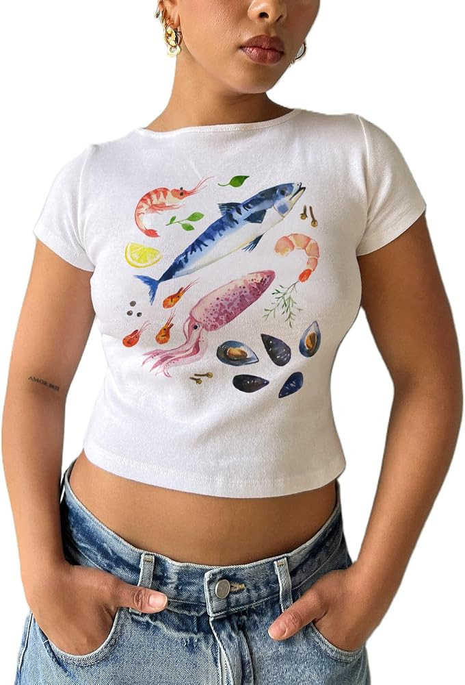 Graphic Baby Tees for Women Teenagers Y2k Flower Print Crop Tops Vintage 90s Aesthetic Grunge Tee... | Amazon (US)