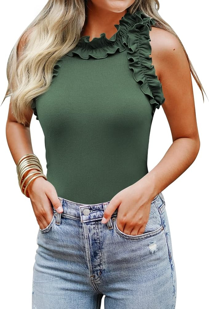 WAYMAKER Women's Sleeveless Racer Back Ruffle Mock Turtle Neck Ribbed Bodysuit Tank Tops | Amazon (US)