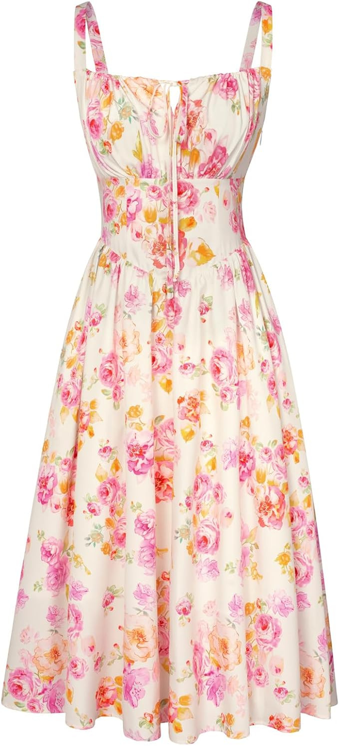 Scarlet Darkness Floral Printed Corset Dress Ruched Bust Cami Dress Flowy Sundress | Amazon (US)
