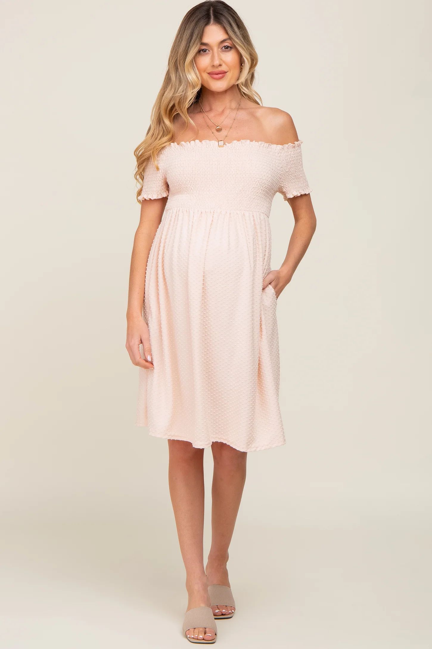 Peach Swiss Dot Off Shoulder Maternity Dress | PinkBlush Maternity