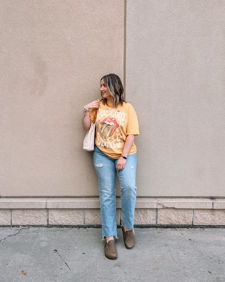Midsize fall transition outfit - graphic tee (wearing M), straight leg jeans (wearing 10), Boston clogs look for less 

Midsize fashion, casual outfits 


#LTKmidsize #LTKSale #LTKshoecrush