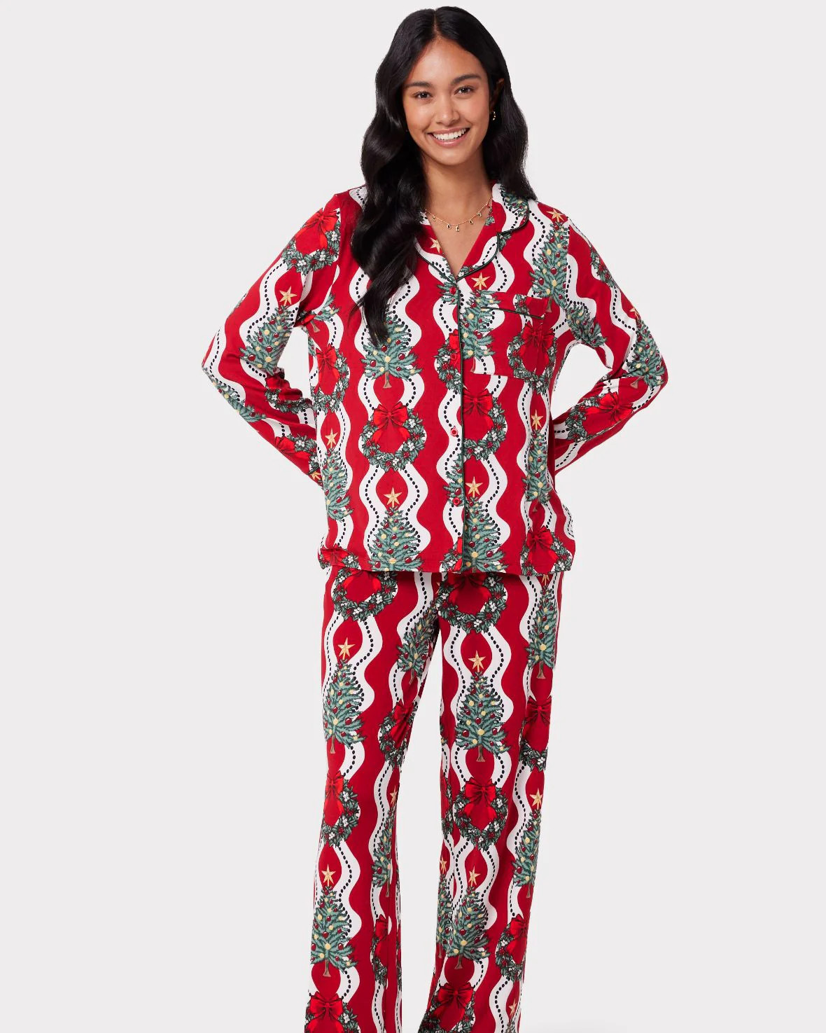 Christmas Tree & Wreath Stripe Print Long Pyjama Set | Chelsea Peers NYC