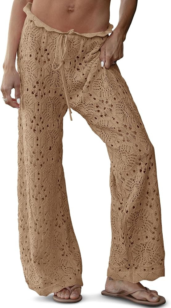 Saodimallsu Womens Crochet Swimsuit Coverup Pants High Waisted Drawstring Sexy Sheer Mesh Knit Wi... | Amazon (US)
