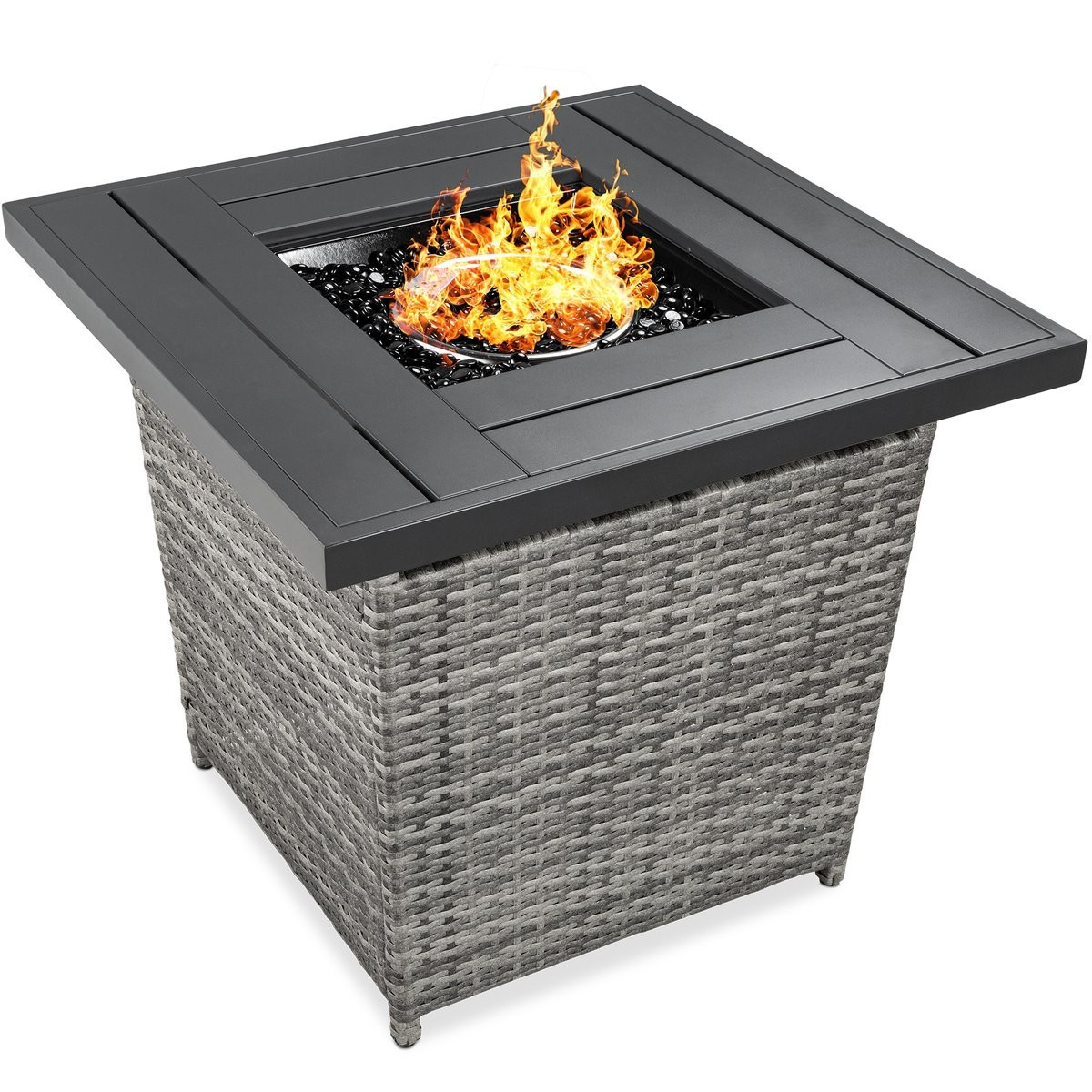 28in Fire Pit Table 50,000 BTU Wicker Propane w/ Faux Wood Tabletop, Cover | Best Choice Products 