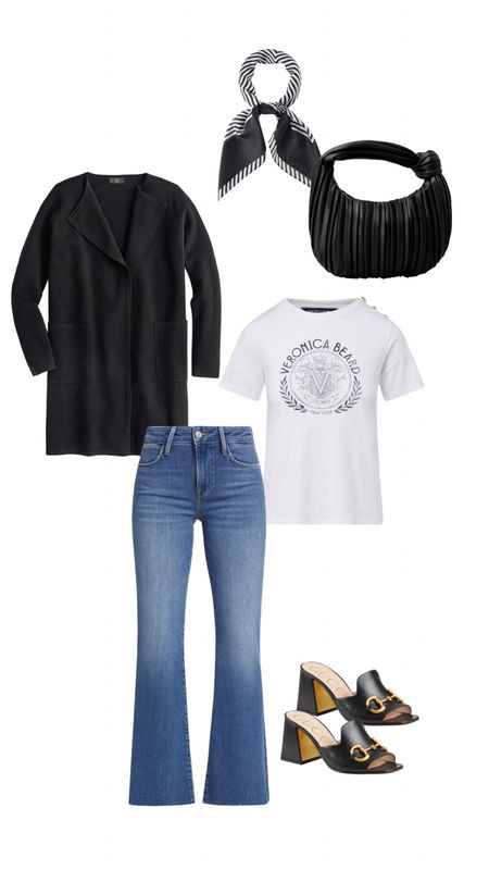 Flare denim outfit! 
Jeans
Graphic Tee
Longline sweater coat
Handbag
Scarf
Slide

#LTKover40 #LTKfindsunder50 #LTKstyletip