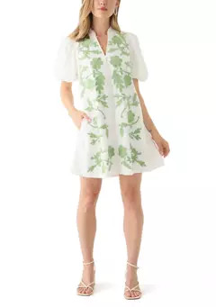 Petite Puff Sleeve Button Front Embroidered Dress | Belk