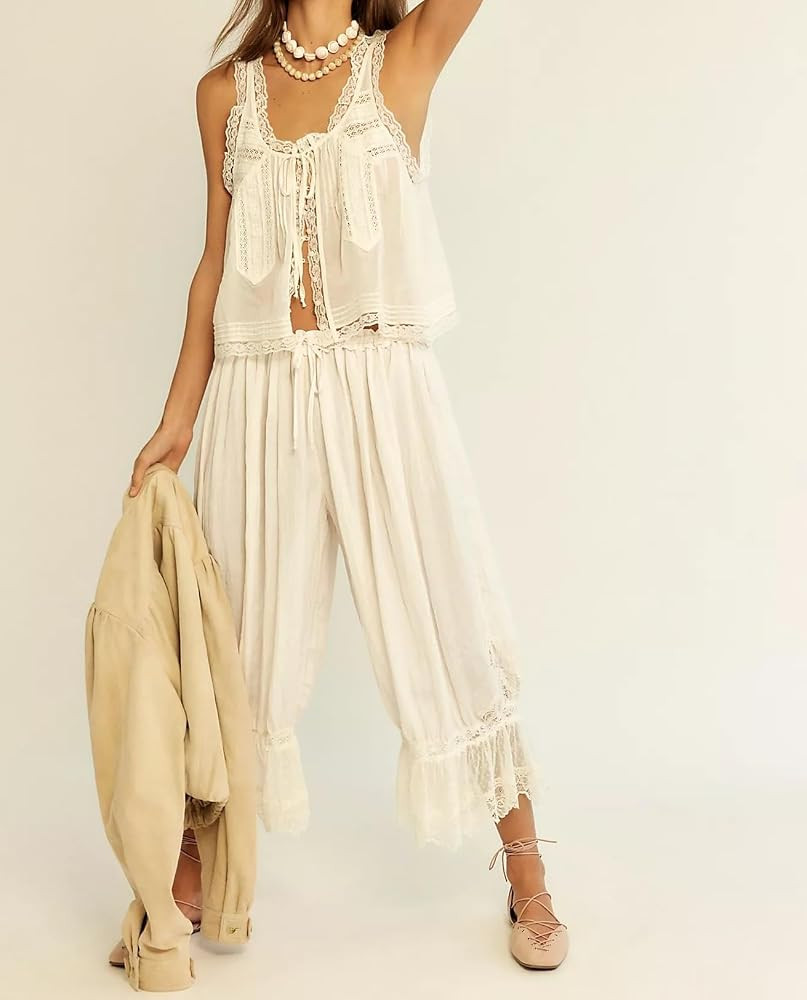 Women Boho Lace Pajama Set Tie Front Button Down Tank and Cropped Bloomer Pants 2 Piece Vacation ... | Amazon (US)