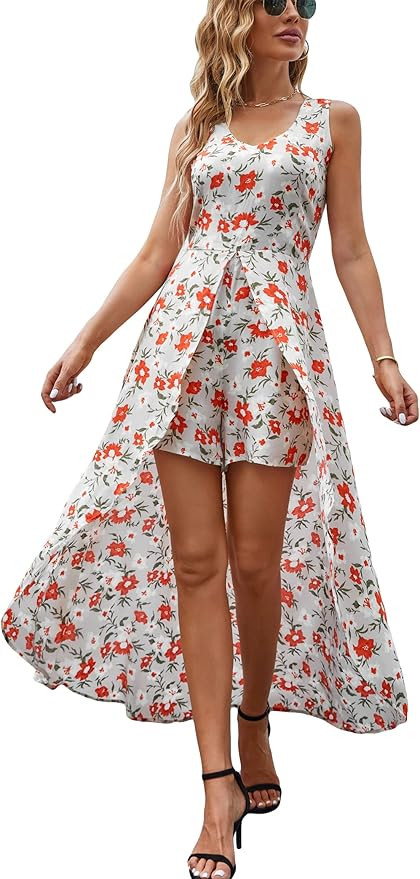 Kormei Womens Sleeveless Scoop Neck Floral Rayon Party Split Maxi Romper Dress | Amazon (US)