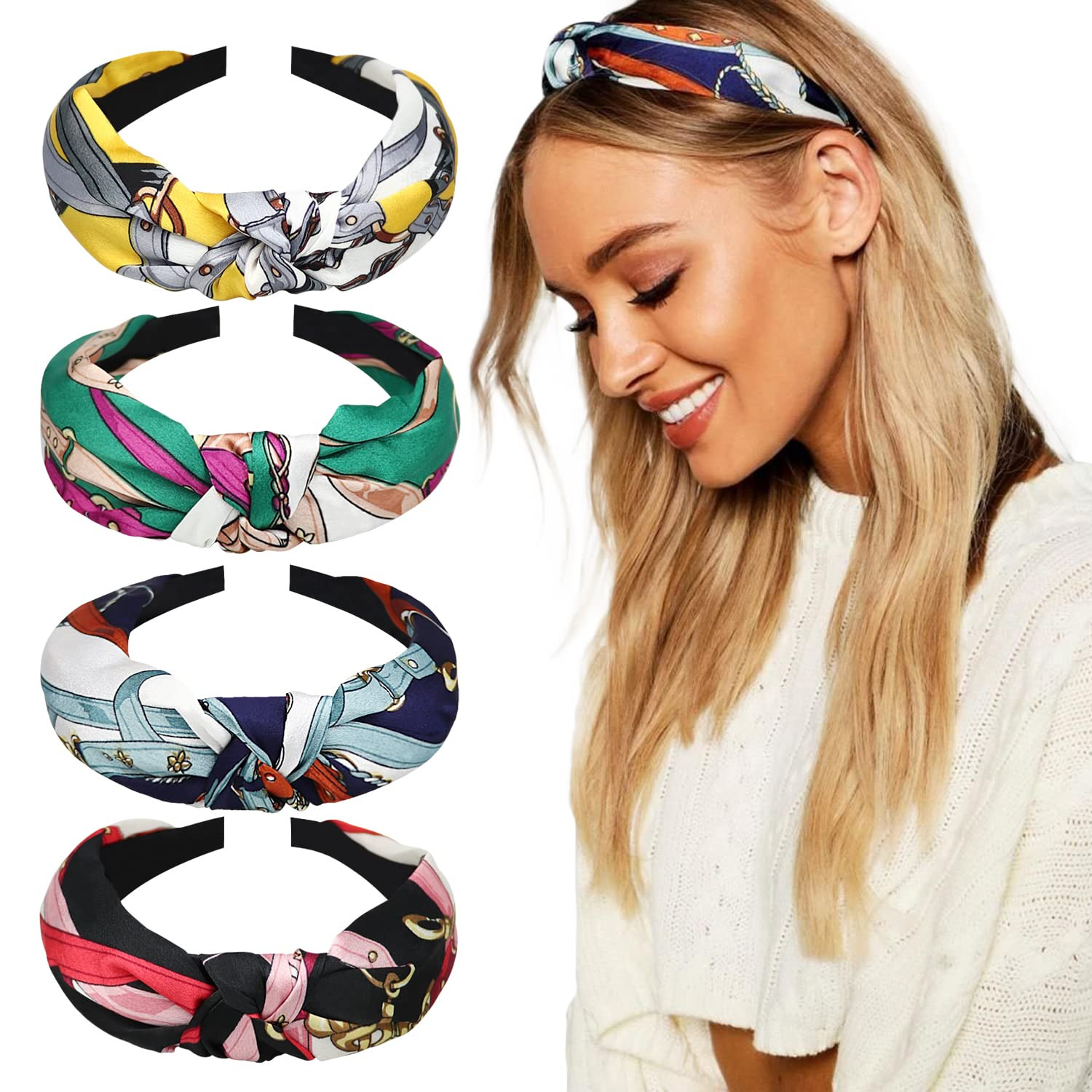 DRESHOW 4 Pack Boho Fashion Turban Headbands for Women Girls Flower Printed Plastic Head Band Vin... | Amazon (US)