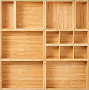 Drawer Organizer, Set of 9 Bamboo Wood Kitchen Makeup Desk Junk Tea Drawer Storage Boxes Bins for... | Amazon (US)