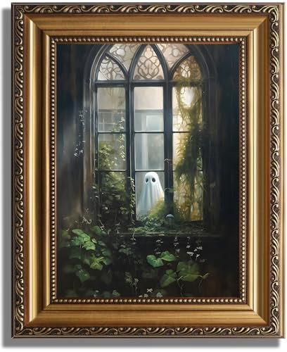 KBKBART Framed Canvas Wall Art, Vintage Spooky Ghost Outside Looking In Oil Painting, Dark Academia Room Decor, Gothic Wall Decor Art Prints for Halloween Decor, Gold Framed Goth Artwork Bathroom Decor Wall Art, 9"x12" | Amazon (US)