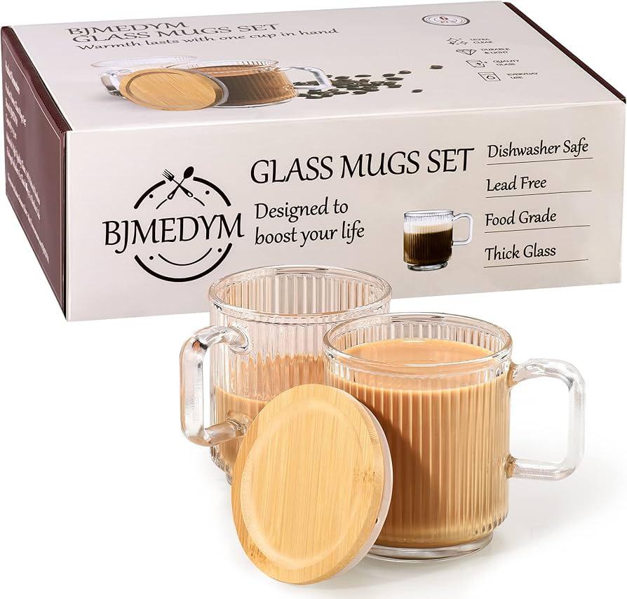BJMEDYM Glass Coffee Mug With Lid, Ribbed Glass Mugs Set of 6, Clear Coffee Mug, 11.5 Oz Ripple M... | Amazon (US)