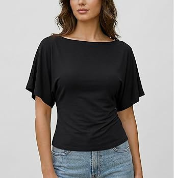 SeeLuNa Women Cinched Waist Shirts Stretchy Dolman Sleeve Boat Neck Knit Top Trendy Streetwear Outfits Basic Workout Tee Tops | Amazon (US)
