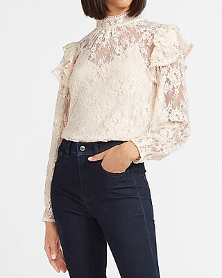 Lace Ruffle Mock Neck Top | Express