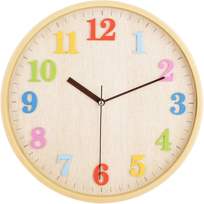 12" Wooden Look Wall Clock Silent Non-Ticking 3D Numbers Colorful Decorative Round Clock for Livi... | Amazon (US)