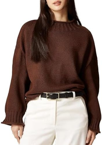 SeeLuNa Oversized Sweaters for Women Roll High Neck Hem Long Sleeve Soft Chunky Cable Knit Stripe... | Amazon (US)