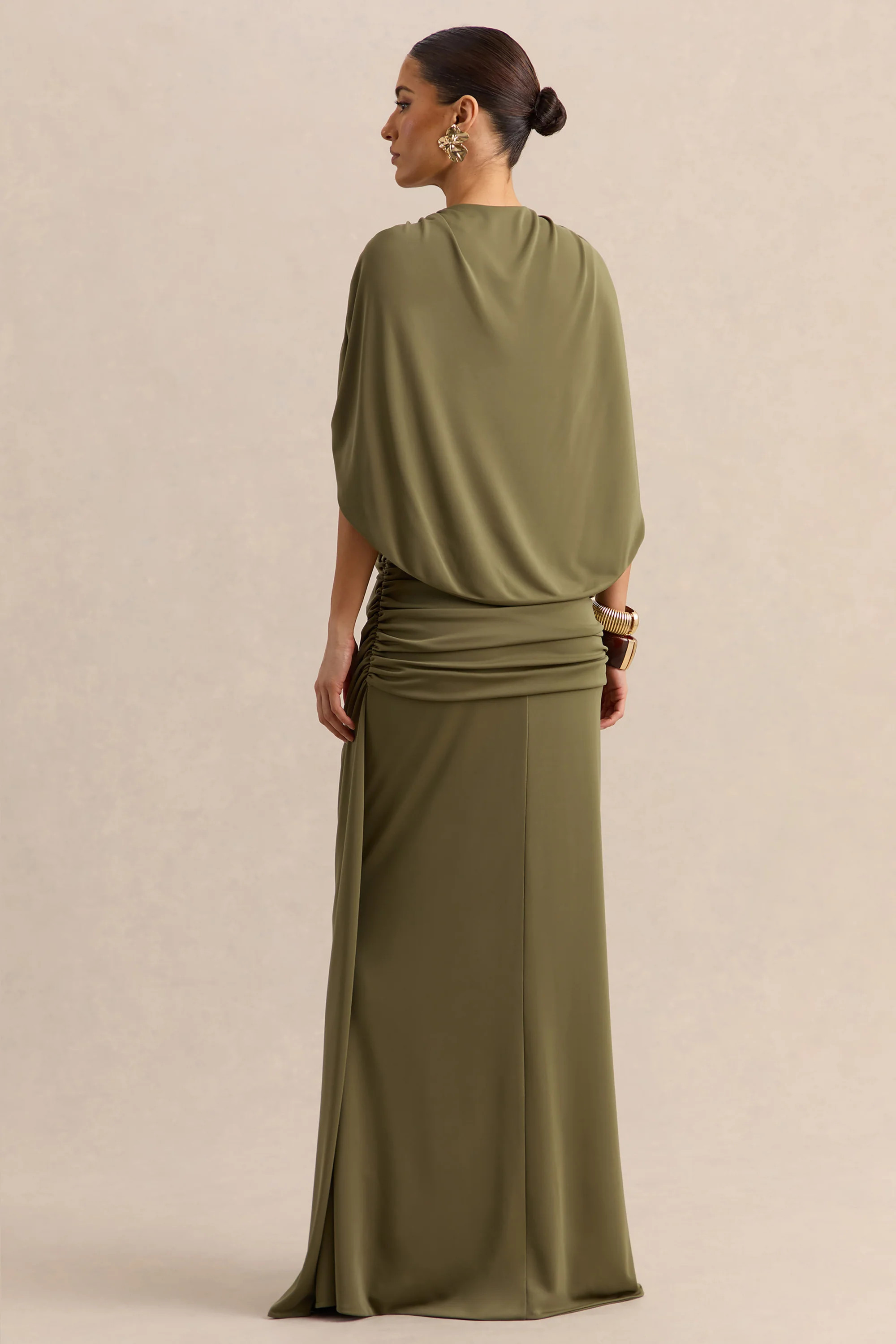 Marisea | Green Plunge-Neck Maxi Dress With Cape-Sleeves | Club L London