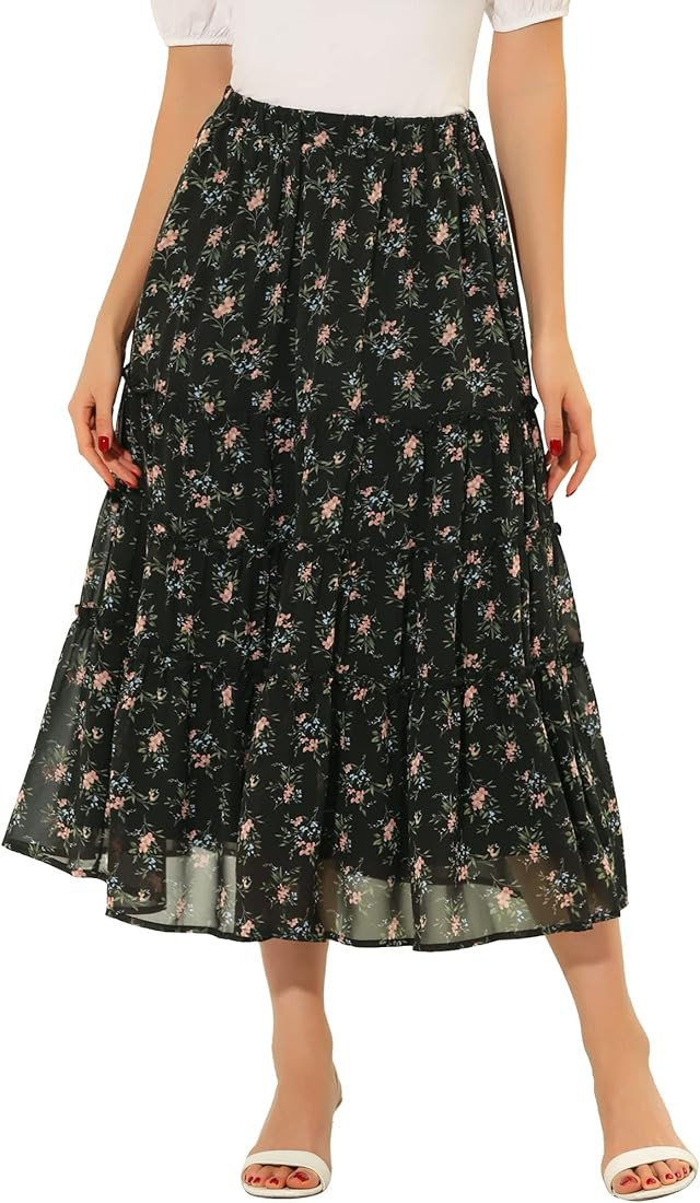 Allegra K Women's Floral Long Skirts Elastic Waist Tiered Ruffle Boho Midi Skirt | Amazon (US)