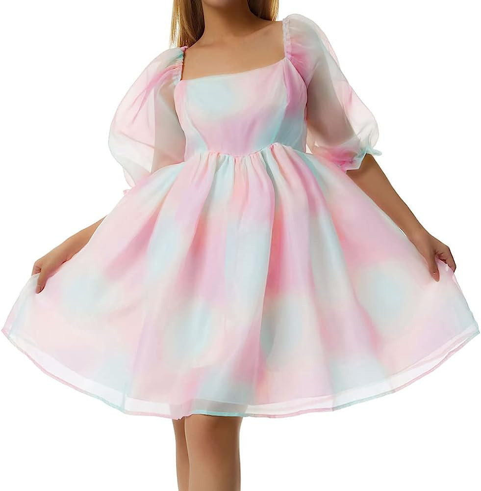 SOLILOQUY Women Puff Sleeve Off Shoulder Princess Mini Dress Lace Tulle Ruffle Mesh Party Skirts ... | Amazon (US)