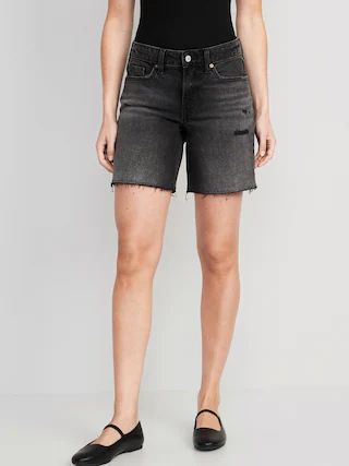 Mid-Rise OG Loose Black-Wash Ripped Cut-Off Jean Shorts for Women -- 7-inch inseam | Old Navy (US)