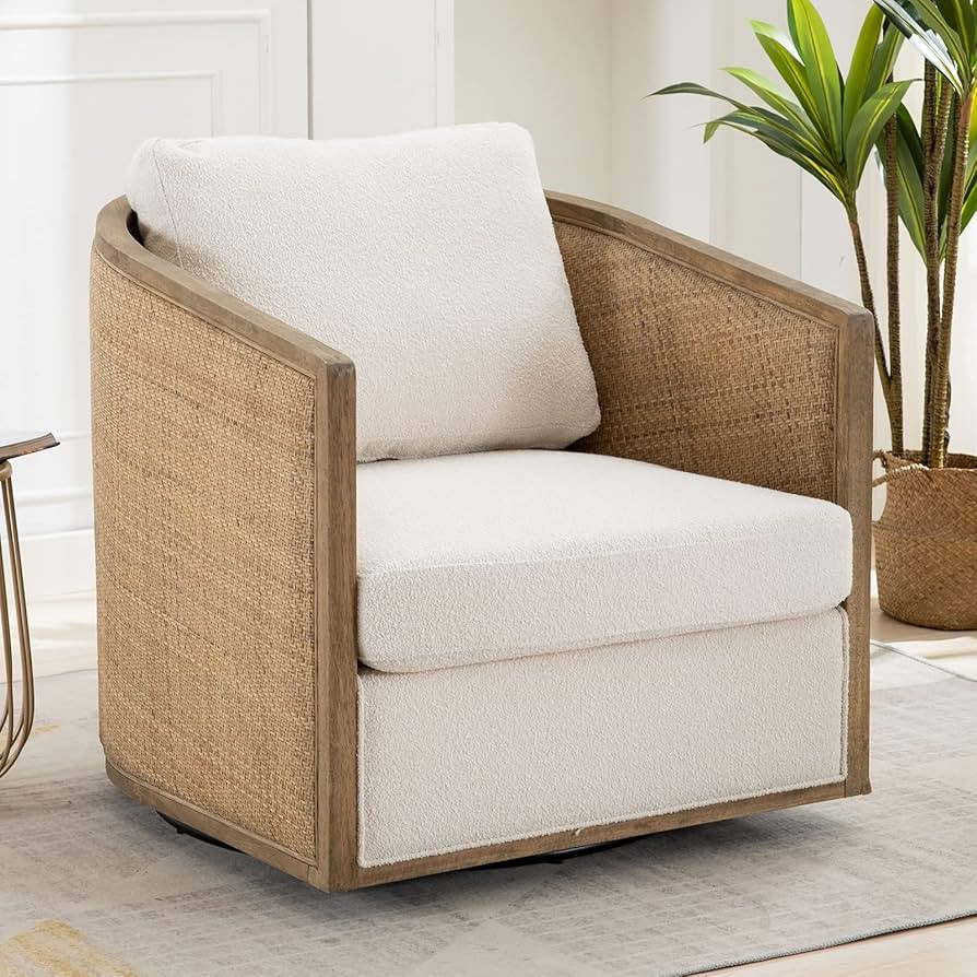 Sudwesto Swivel Barrel Chair with Rattan Design, Leather Accent Sofa Chair, Club Chair with Pillo... | Amazon (US)