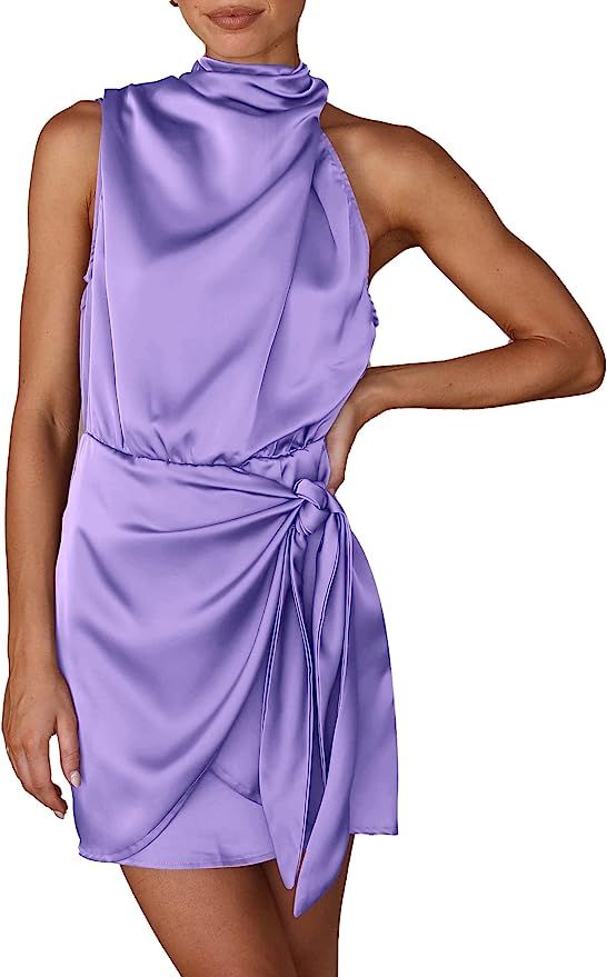 PRETTYGARDEN Women's Short Formal Satin Dress 2023 Summer Sleeveless Mock Neck Tie Waist Cocktail... | Amazon (US)