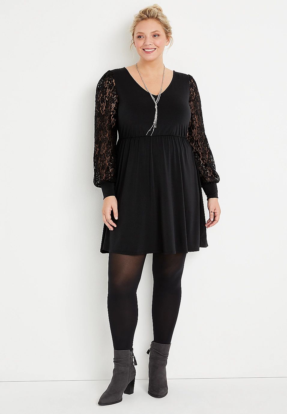 Plus Size Black Lace Sleeve Mini Dress | Maurices