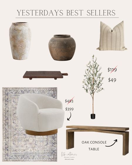 Yesterdays best sellers 
Chai stipe brown pillow / oak console table / terracotta vase / swivel accent chair / area rug / faux olive tree reclaimed footed tray 

#LTKsalealert #LTKU #LTKhome
