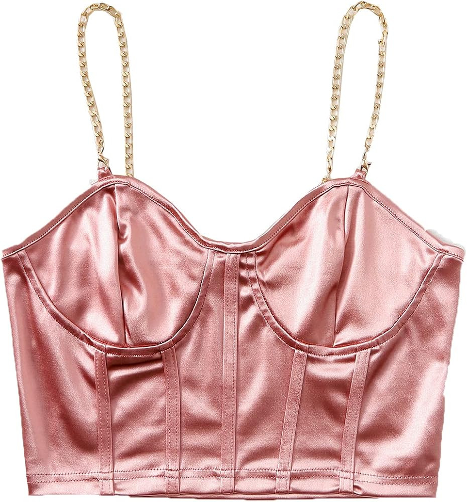 Romwe Women's Sleeveless Chain Spaghetti Strap Stain Cami Crop Top Bustier | Amazon (US)