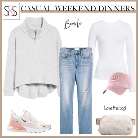 Bouclé pullover with jeans and bike sneakers are great for your low key valentines dinner or spring travel vacation

#LTKSeasonal #LTKstyletip #LTKU