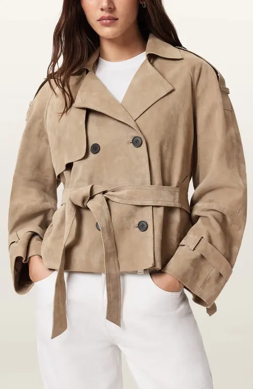 AllSaints Reed Suede Trench Jacket in Taupe Brown at Nordstrom, Size Medium | Nordstrom