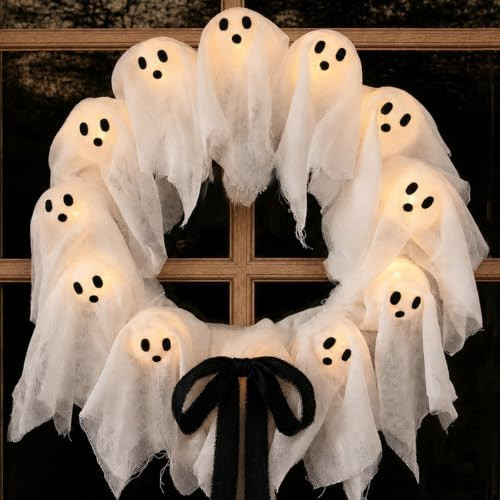 Halloween Decorations Outdoor - 22" Cute Lit Ghost Wreath | Amazon (US)