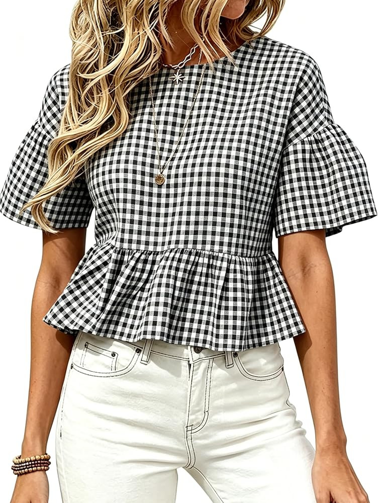 Womens Gingham Top Casual Short Bell Sleeve Crew Neck Ruffle Babydoll Peplum Blouse Plaid Shirts | Amazon (US)