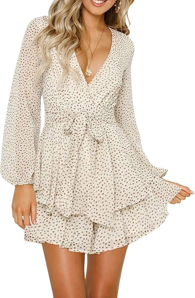 AlvaQ Womens Spring Summer Knot Front V Neck Ruffles Long Sleeve Floral Print Swing Mini Dress | Amazon (US)