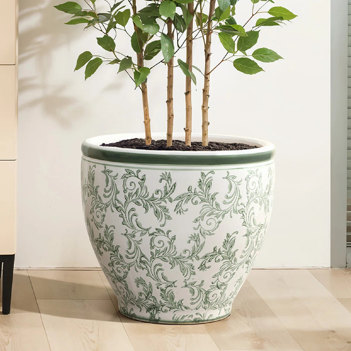 15.6'' Dia Green and White Round Planter Pot with Floral Pattern, Large Ceramic Pot with Drainage | Wayfair North America