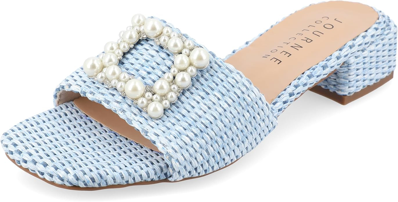 Journee Collection Womens Pearl Raffia Slip On Open Square Toe Outset Block Heel Justina Tru Comf... | Amazon (US)