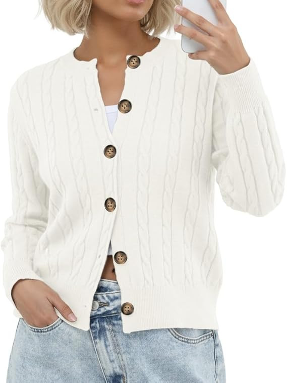 GRECERELLE Women's Long Sleeve Cable Knit Button Down Crew Neck Casual Cardigan Sweater, S-2XL | Amazon (US)