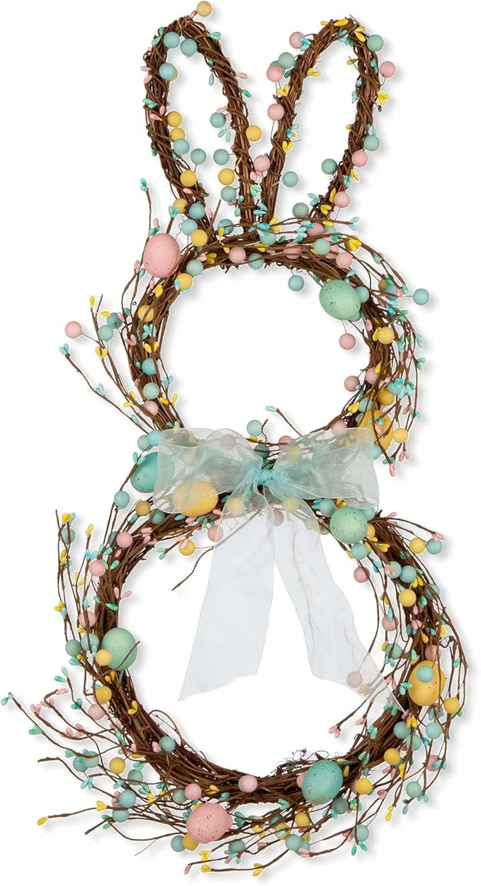 Glitzhome 24.5”H Easter Bunny Spring Wreath with Ribbon Bow Easter Eggs for Front Door Wall Dec... | Amazon (US)